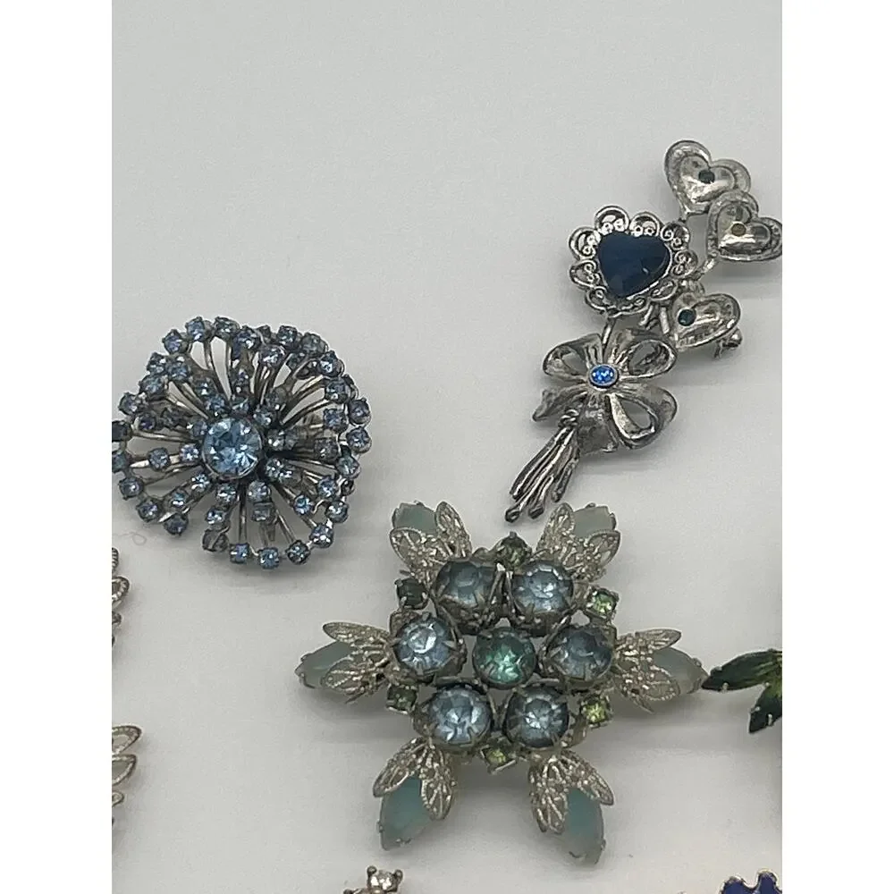 Lot of 8 Vintage Brooches Blue Floral Leaf Mixed Jewelry Retro Statement
